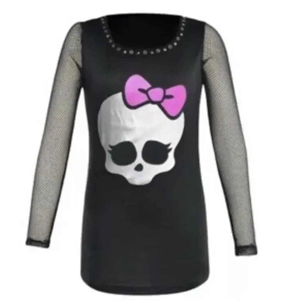 Monster High Ghoul Fishnet Black T-Shirt Costume Skullette W/Pink Bow Sz M(8-10)